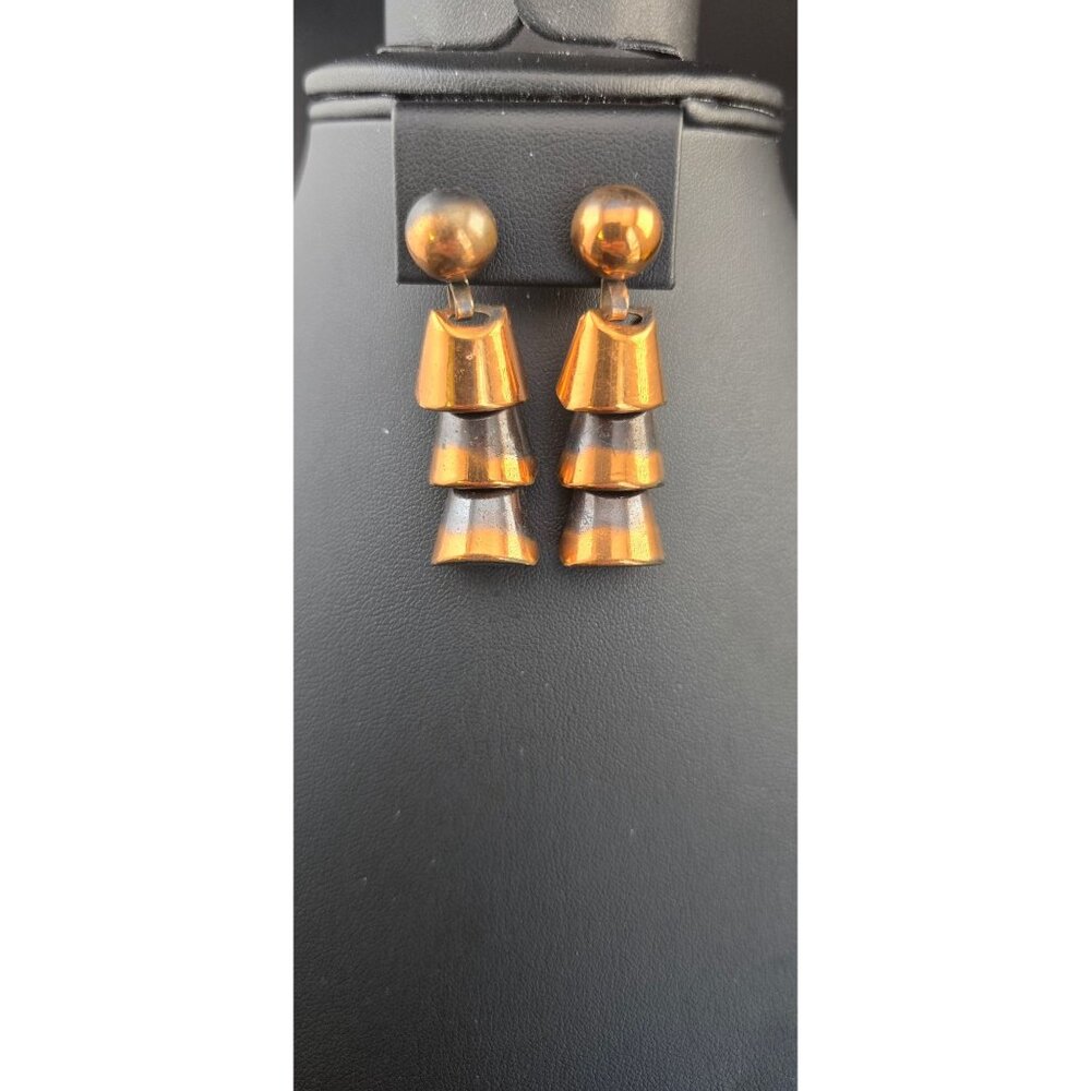 Vintage Copper Dangle Earrings Modernist Geometric Tiered Statement Screw-Back - Picture 11 of 11